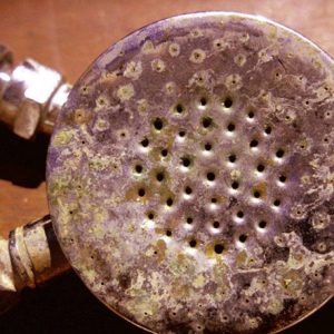 Examples of failure of health hardware in wet areas. Corroded shower head from hard water.